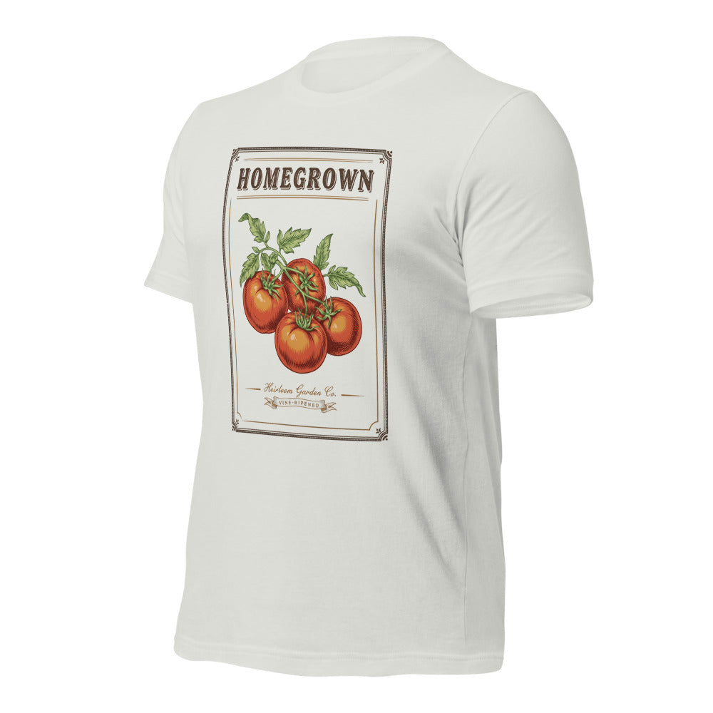 Homegrown Heirloom Seed Packet gardening tee — Silver, front-right