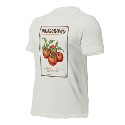 Homegrown Heirloom Seed Packet gardening tee — Silver, front-right