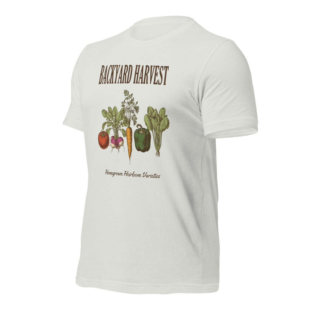 Backyard Harvest heirloom vegetable gardening tee — Silver, front-right