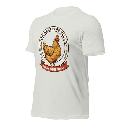 Backyard Flock heritage chicken keeper tee — Silver, front-right