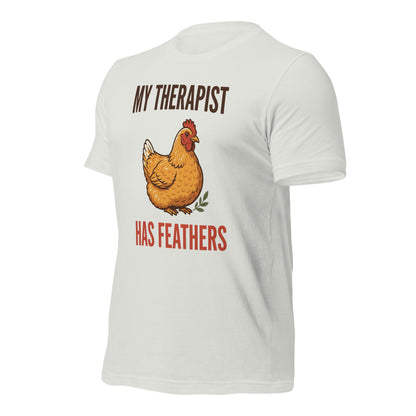 My Therapist Has Feathers funny chicken keeper tee — Silver, front-right
