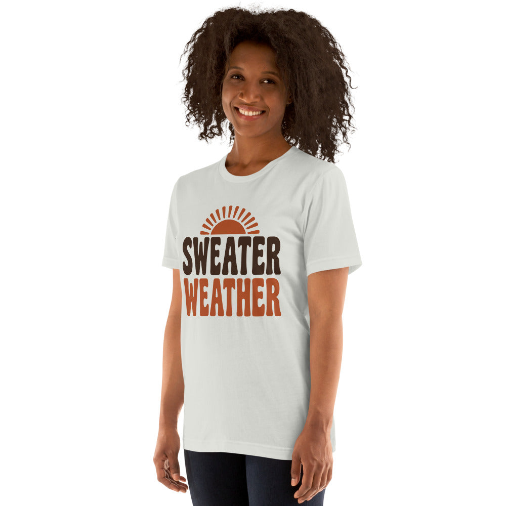 Sweater Weather retro 70s fall t-shirt — Silver, on model