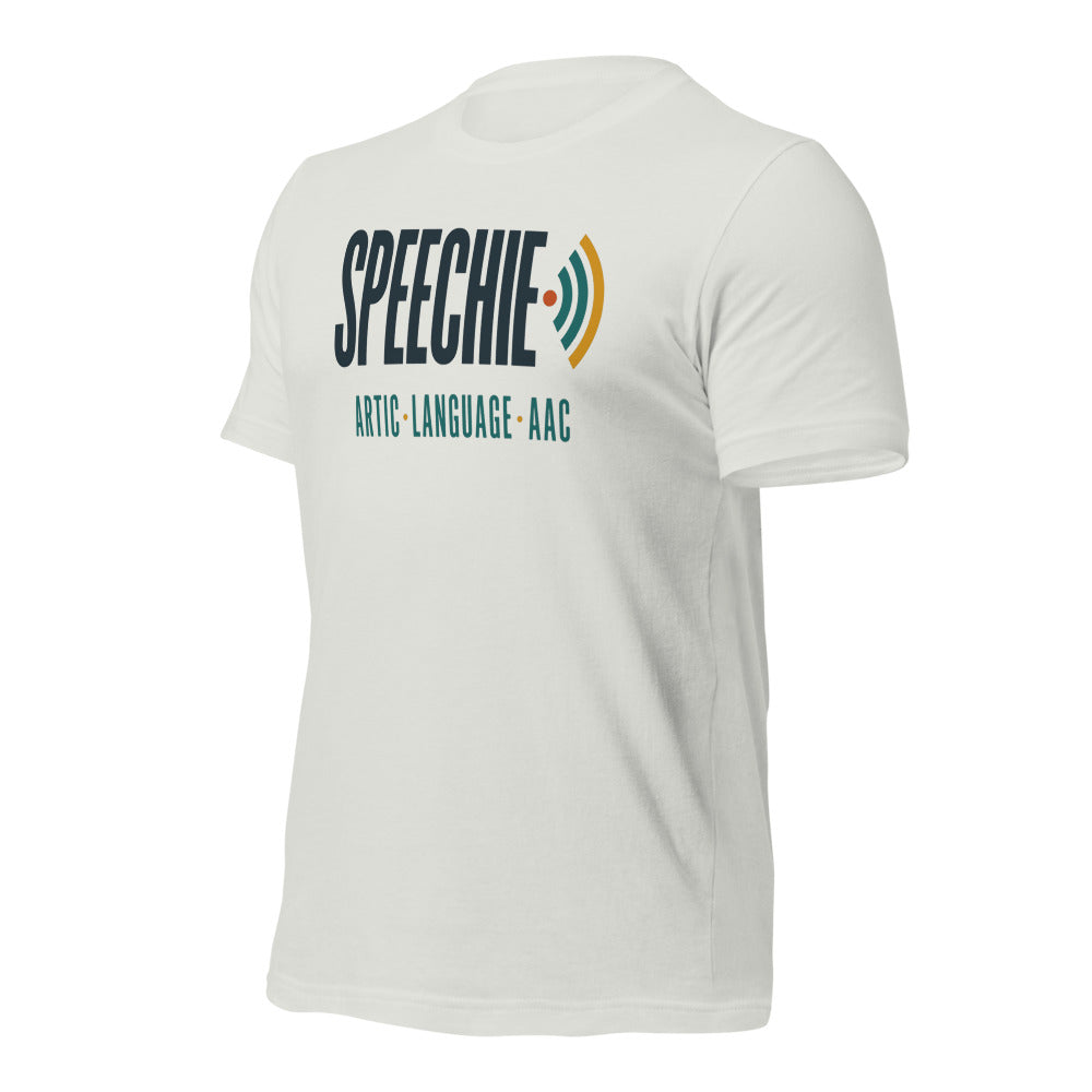 Speechie Wordmark speech therapy tee — Silver, front-right