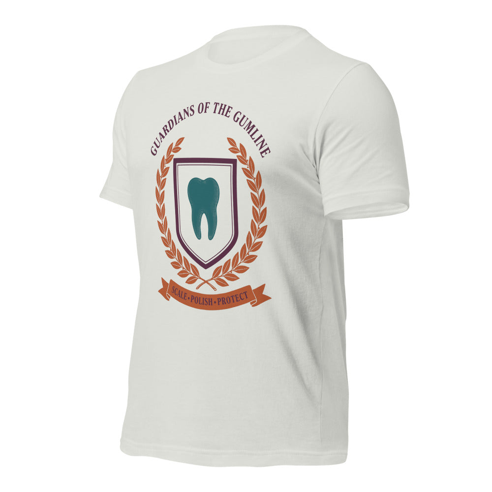 Guardians of the Gumline dental hygienist tee — Silver, front-right