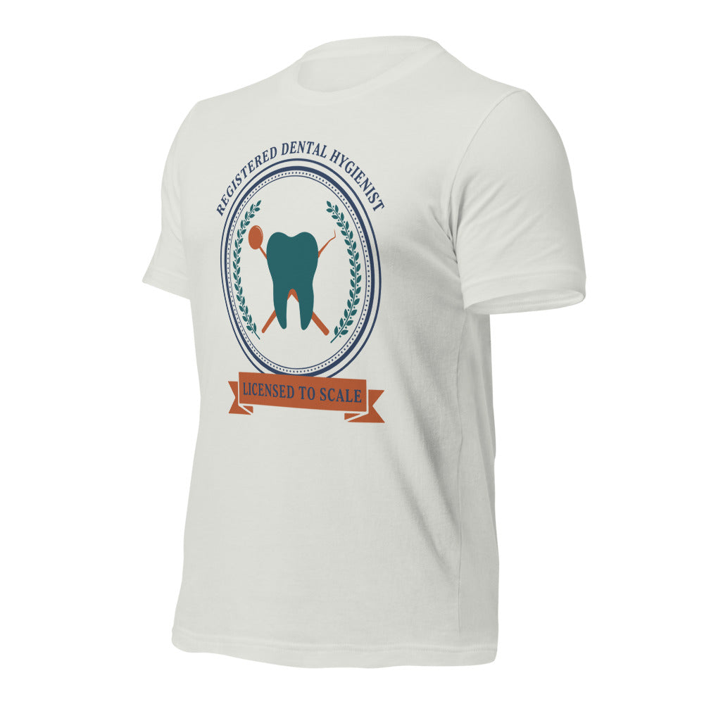 Licensed to Scale registered dental hygienist tee — Silver, front-right