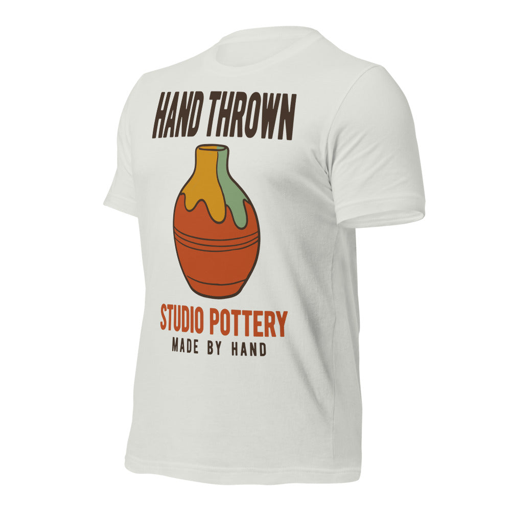 Hand Thrown Studio Pottery retro poster t-shirt — Silver, front-right