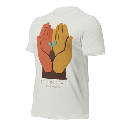Holding Space birth worker doula t-shirt — Silver, front-right