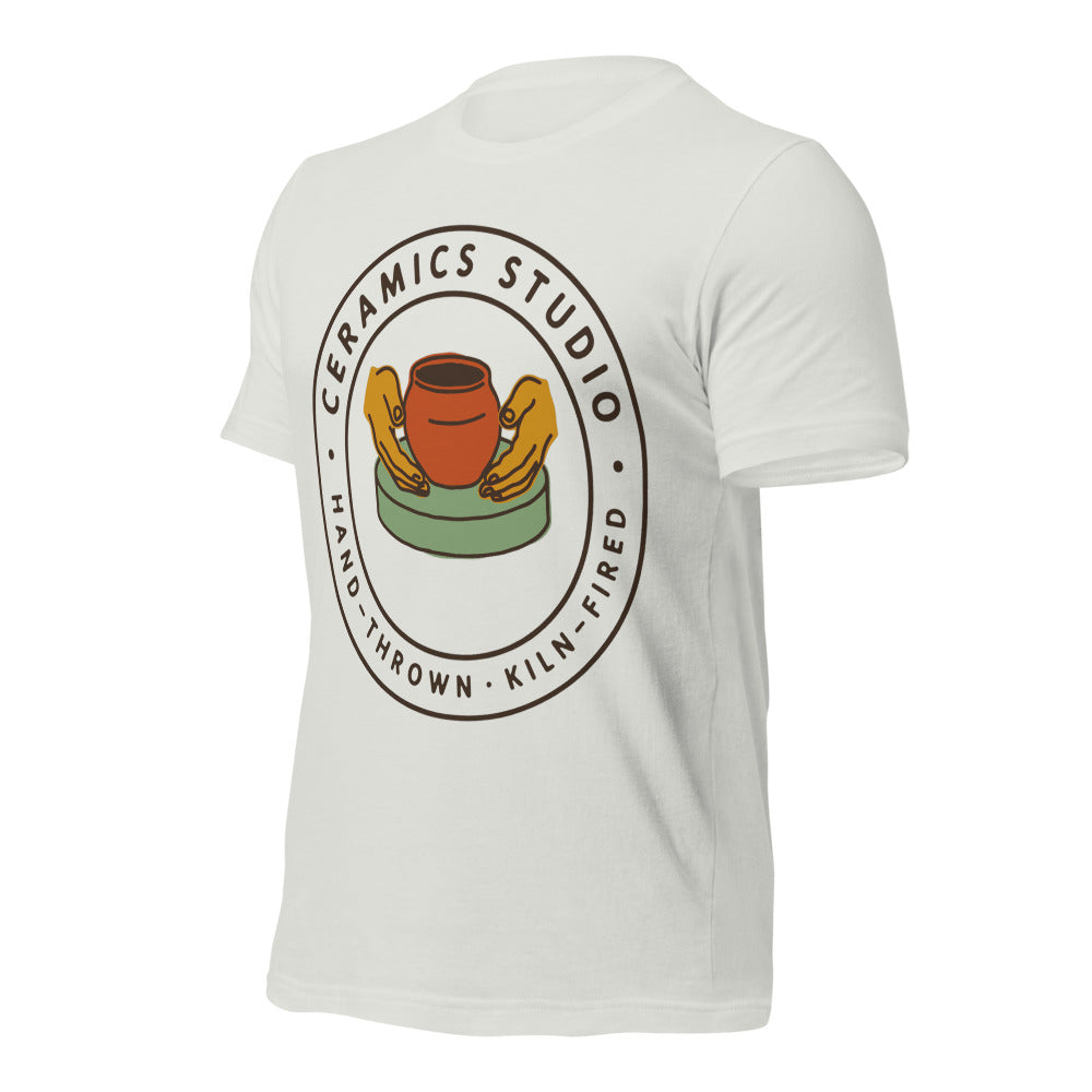 Ceramics Studio Badge hand-thrown pottery t-shirt — Silver, front-right