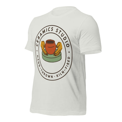 Ceramics Studio Badge hand-thrown pottery t-shirt — Silver, front-right