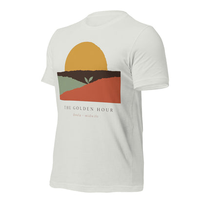 The Golden Hour birth worker doula t-shirt — Silver, front-right