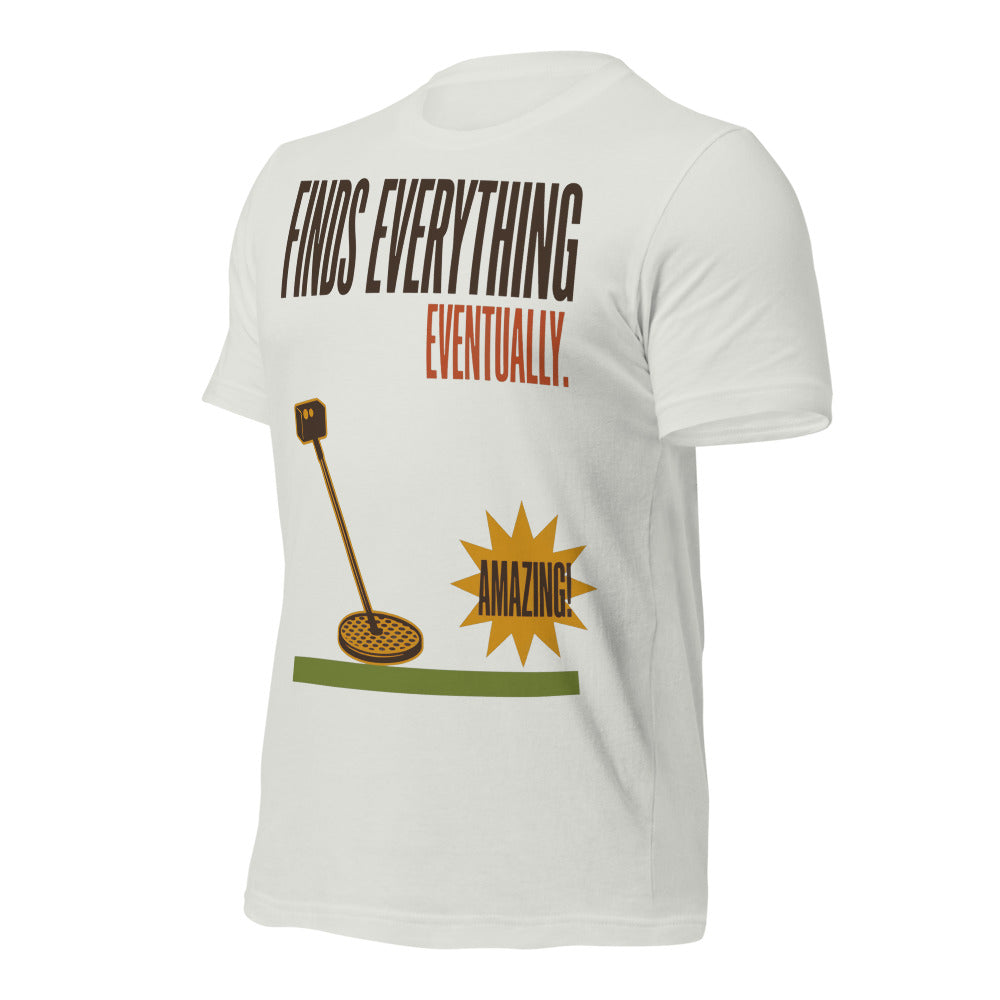 Finds Everything Eventually retro metal detecting tee — Silver, front-right