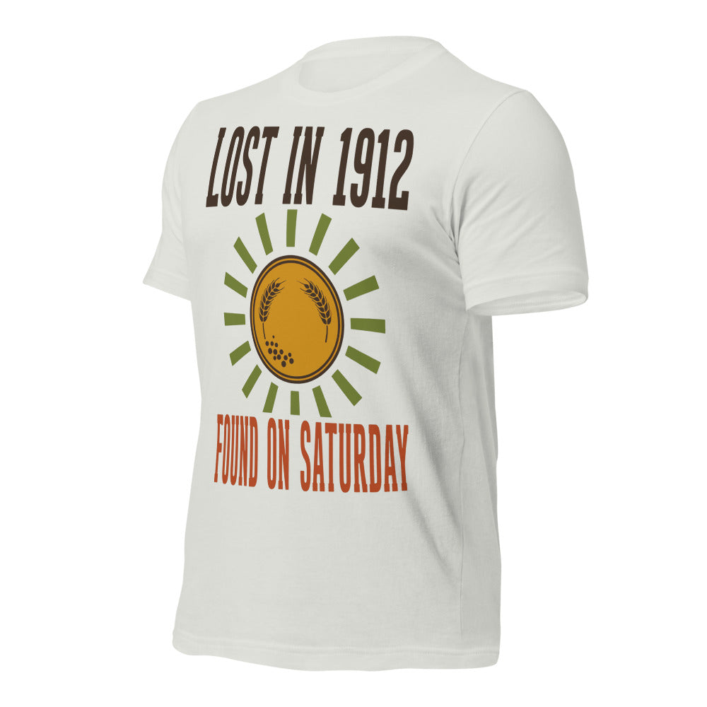 Lost in 1912 Found on Saturday retro metal detecting tee — Silver, front-right