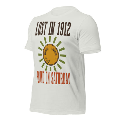 Lost in 1912 Found on Saturday retro metal detecting tee — Silver, front-right