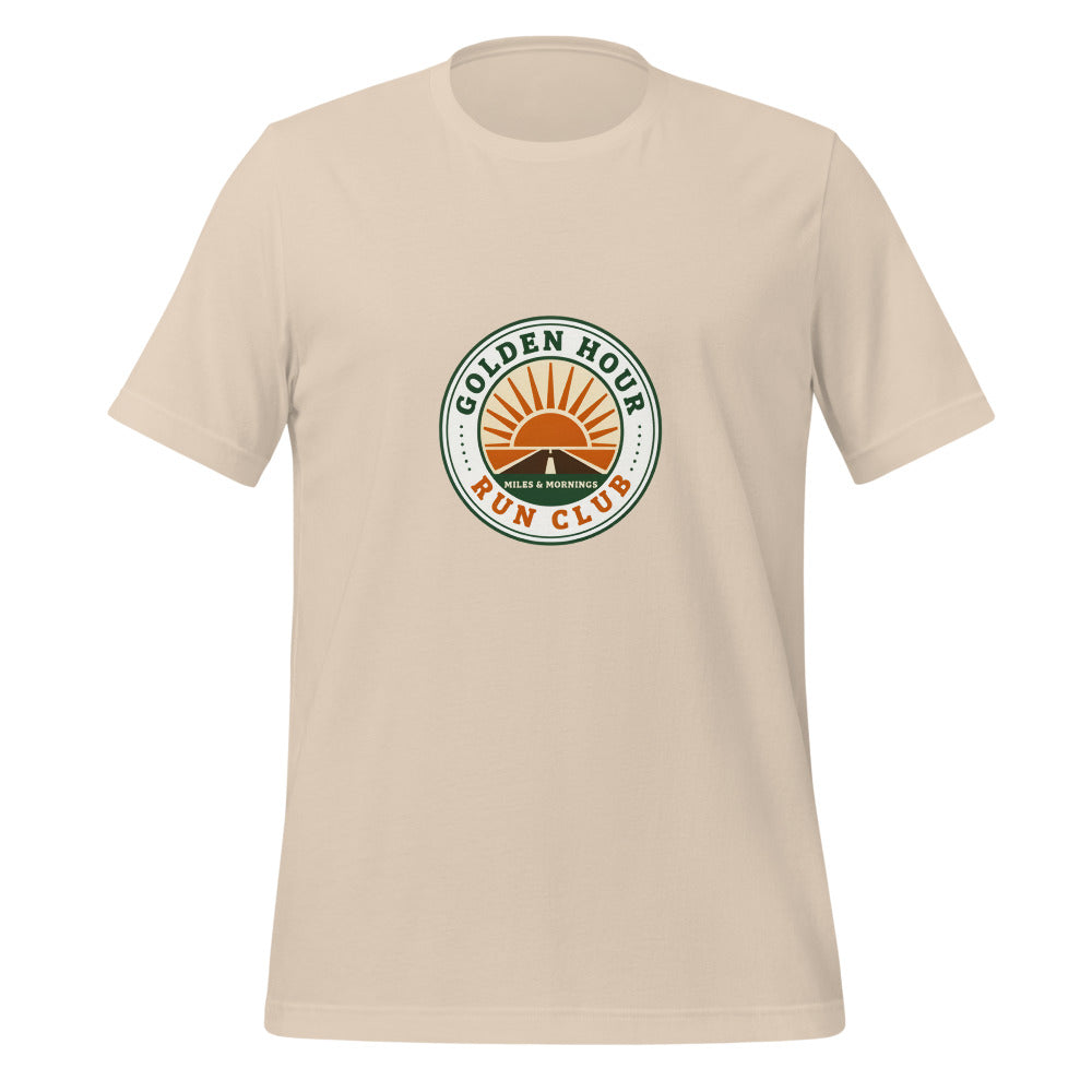Golden Hour Run Club retro running tee — Soft Cream, front