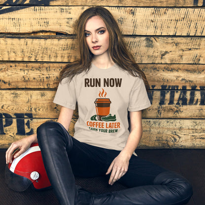 Run Now Coffee Later funny running tee — Soft Cream, on model