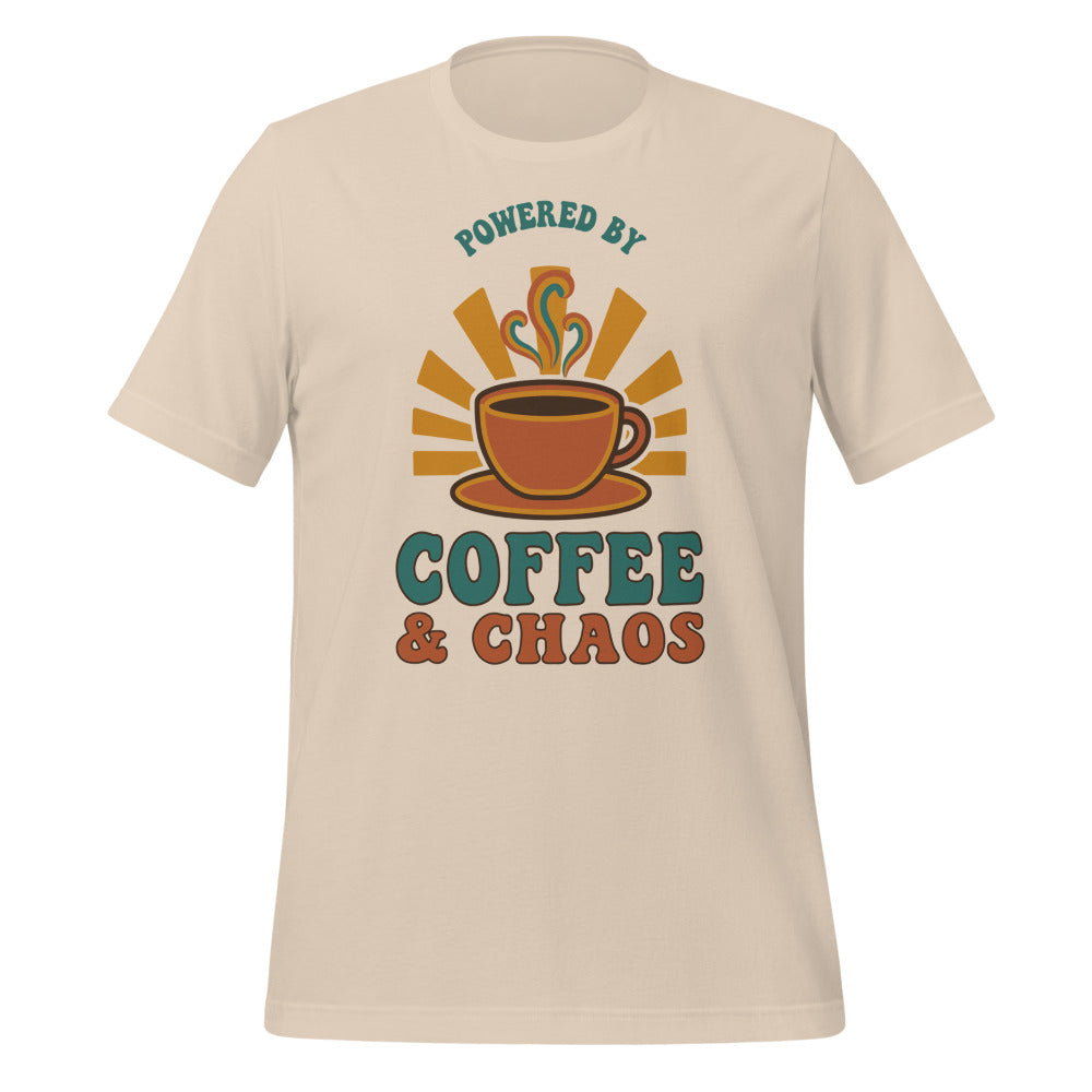 Powered By Coffee And Chaos retro groovy teacher tee — Soft Cream, front