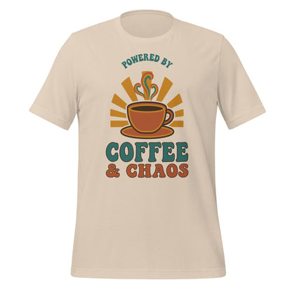 Powered By Coffee And Chaos retro groovy teacher tee — Soft Cream, front