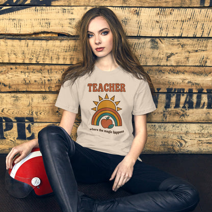 Teacher Where The Magic Happens retro groovy teacher tee — Soft Cream, on model