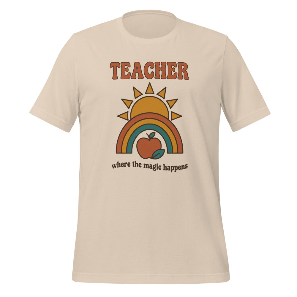 Teacher Where The Magic Happens retro groovy teacher tee — Soft Cream, front
