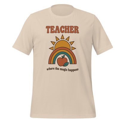 Teacher Where The Magic Happens retro groovy teacher tee — Soft Cream, front