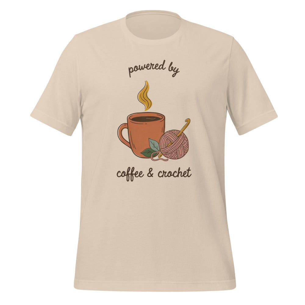 Powered by Coffee and Crochet cottagecore crochet tee — Soft Cream, front