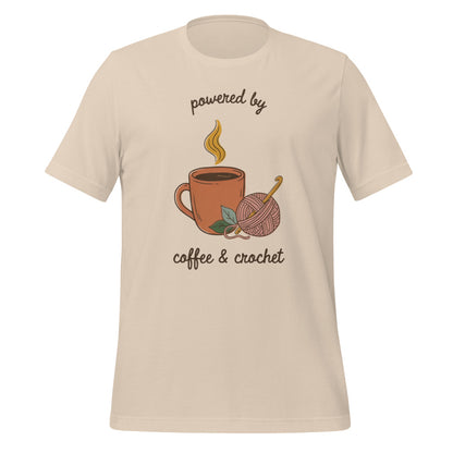 Powered by Coffee and Crochet cottagecore crochet tee — Soft Cream, front