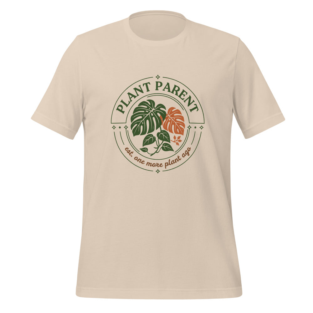 Plant Parent retro botanical badge tee — Soft Cream, front