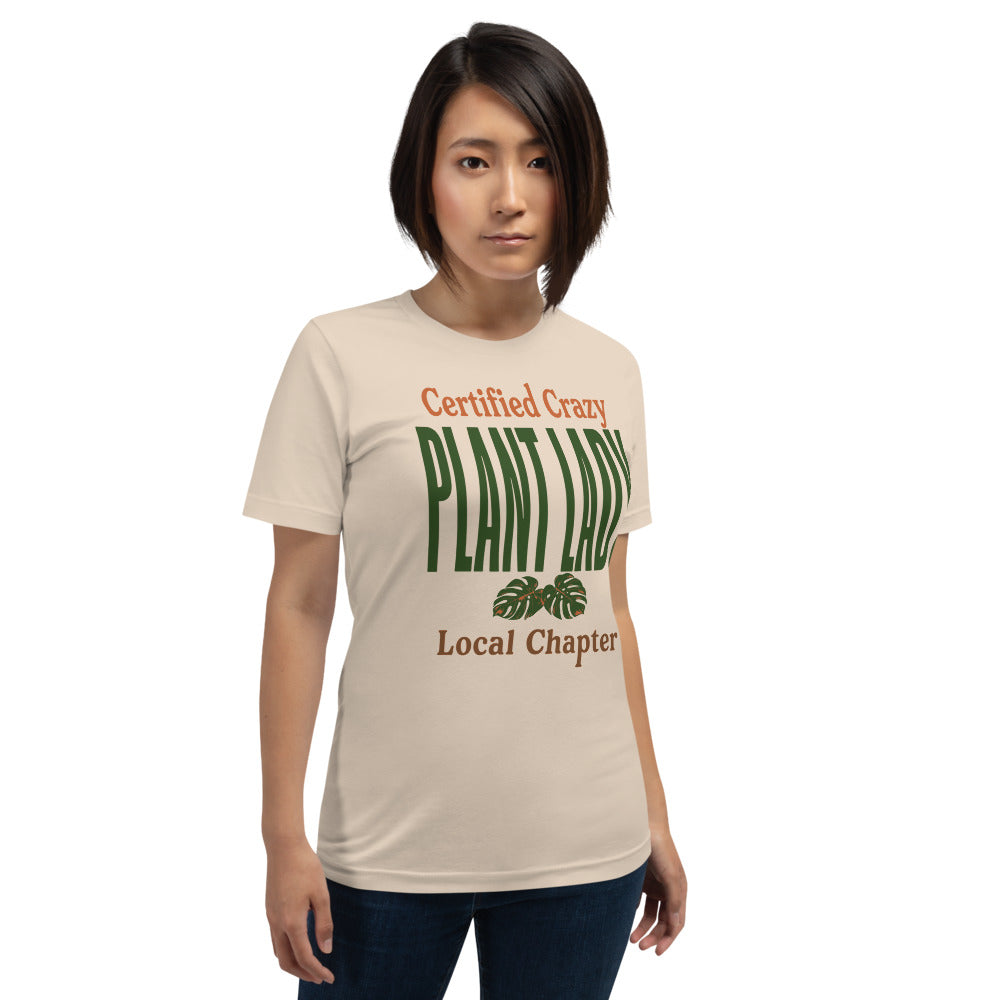 Certified Crazy Plant Lady retro botanical tee — Soft Cream, on model
