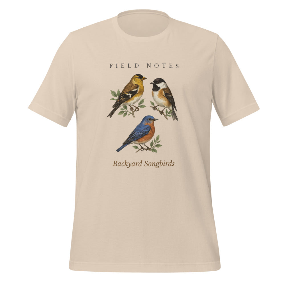 Backyard Songbirds vintage field-guide tee — Soft Cream, front