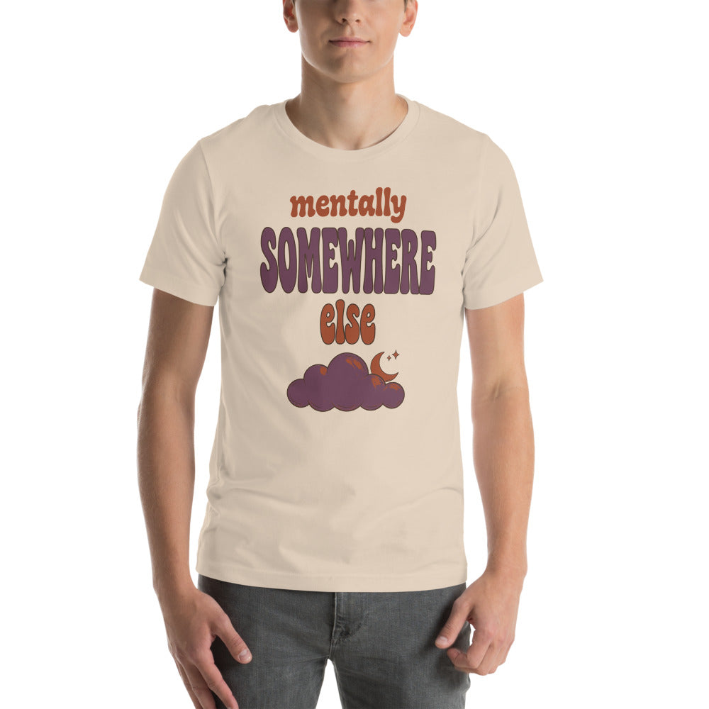Mentally Somewhere Else soft retro daydream mental health tee — Soft Cream, on model