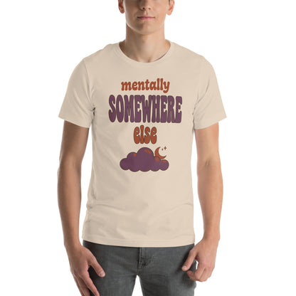 Mentally Somewhere Else soft retro daydream mental health tee — Soft Cream, on model