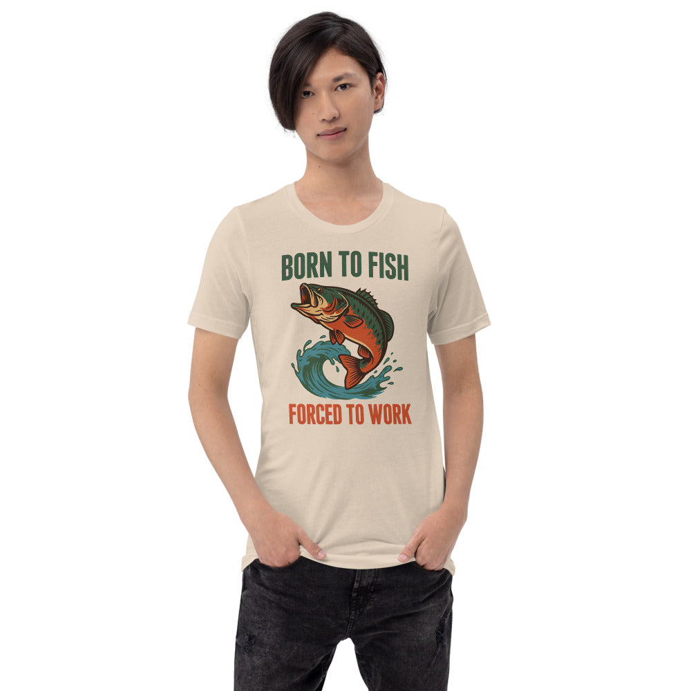 Born to Fish Forced to Work retro fishing humor tee — Soft Cream, on model