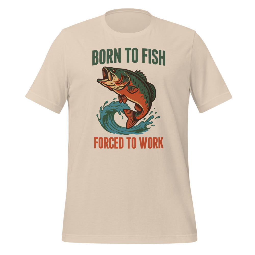 Born to Fish Forced to Work retro fishing humor tee — Soft Cream, front