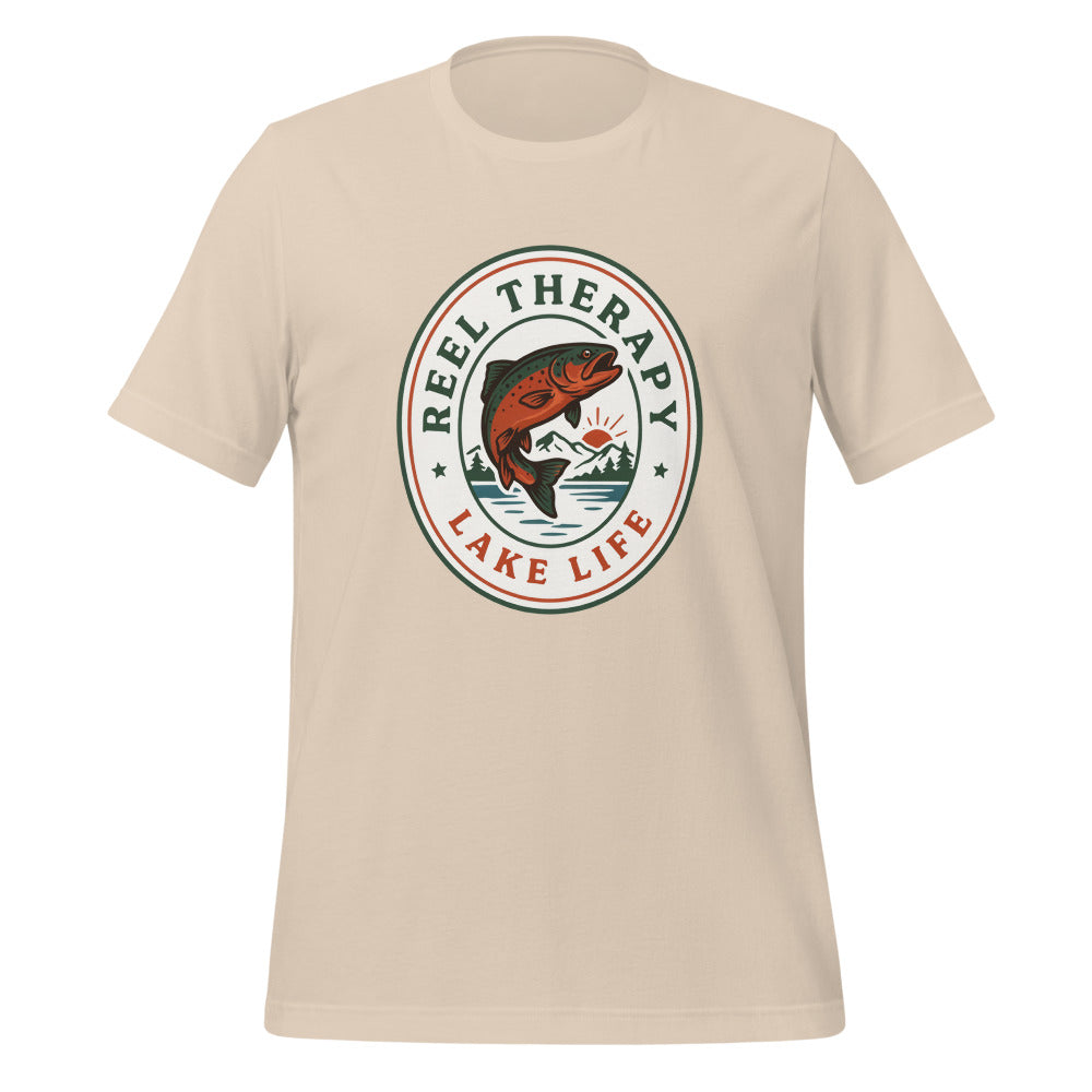 Reel Therapy retro national-park trout badge fishing tee — Soft Cream, front