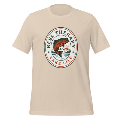 Reel Therapy retro national-park trout badge fishing tee — Soft Cream, front