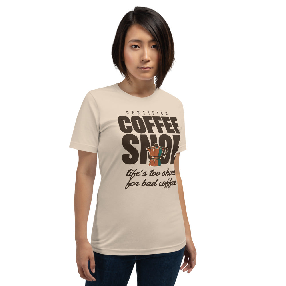 Certified Coffee Snob coffee tee — Soft Cream, on model