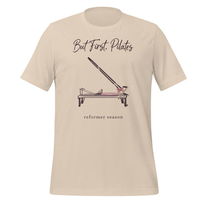 But First Pilates reformer line-art tee — Soft Cream, front