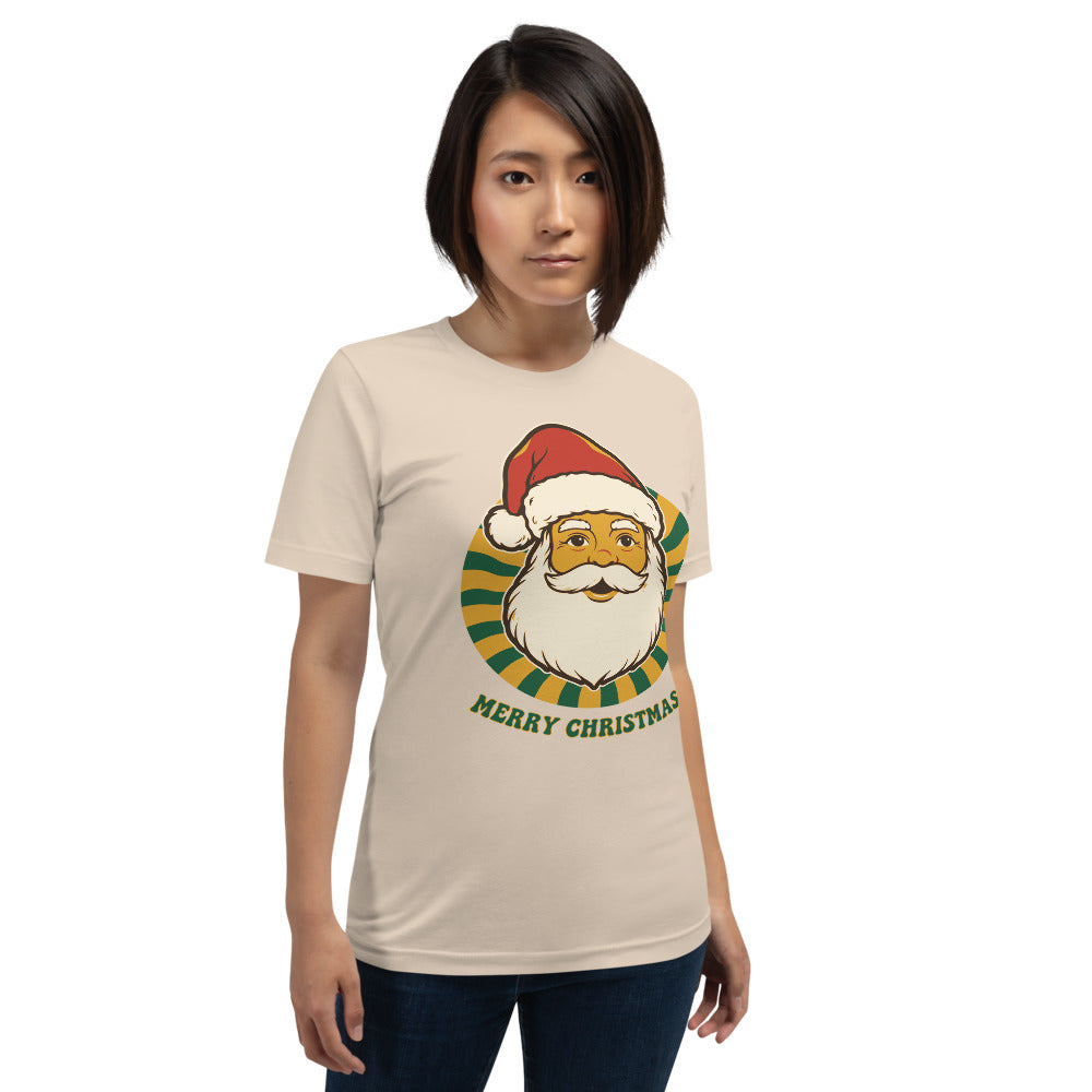 Groovy Santa retro Christmas tee — Soft Cream, on model