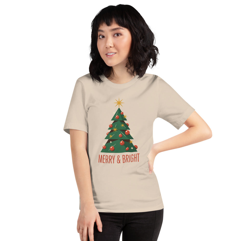 Atomic mid-century retro Christmas tree tee — Soft Cream, on model