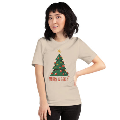 Atomic mid-century retro Christmas tree tee — Soft Cream, on model