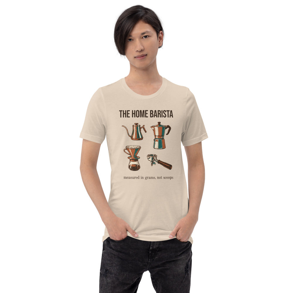 The Home Barista specialty coffee tee — Soft Cream, on model