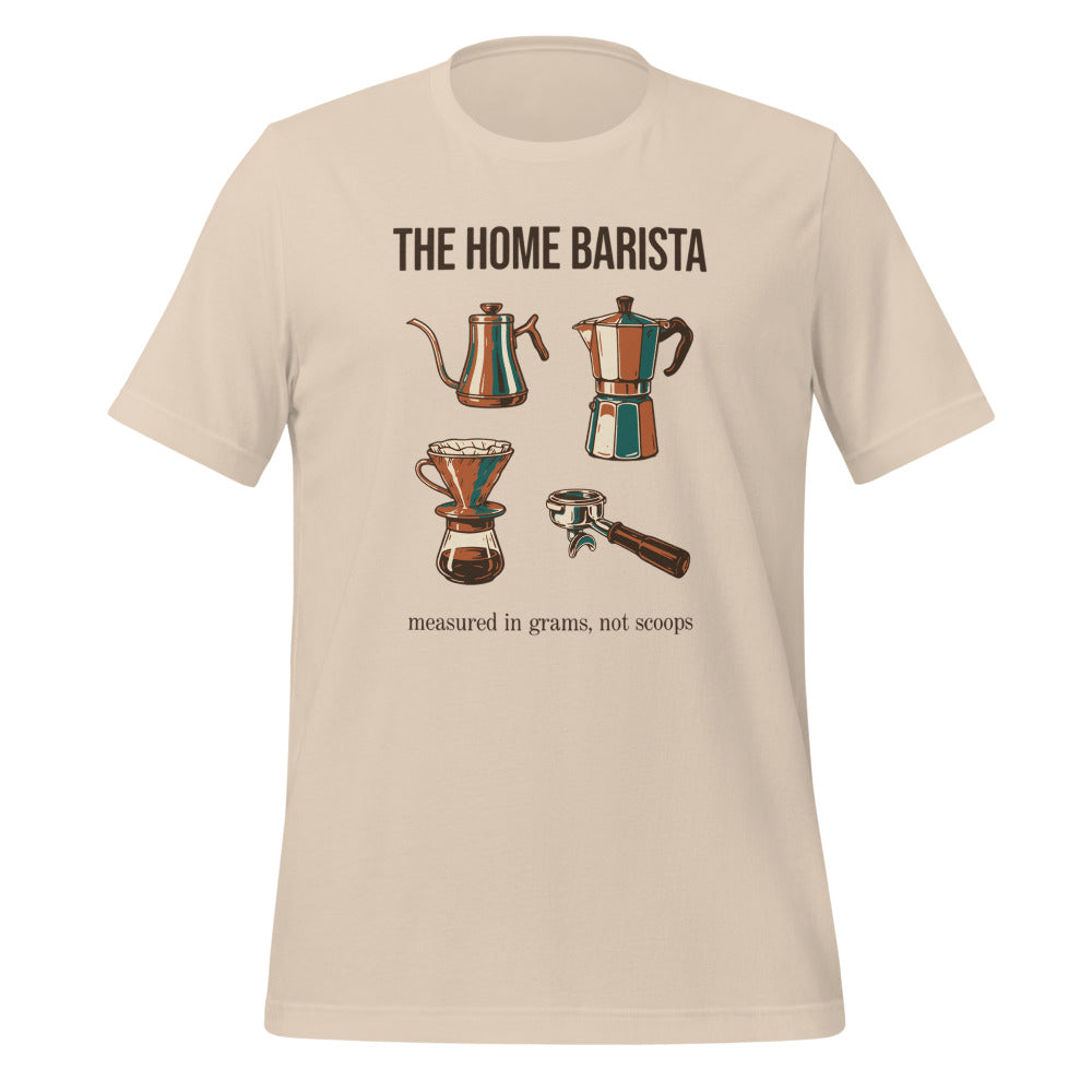 The Home Barista specialty coffee tee — Soft Cream, front