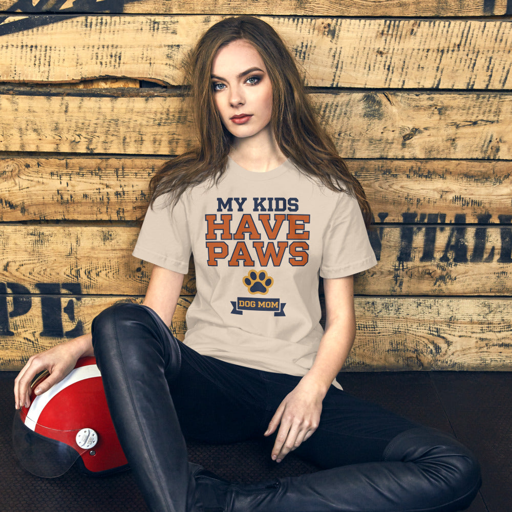 My Kids Have Paws funny dog mom tee — Soft Cream, on model