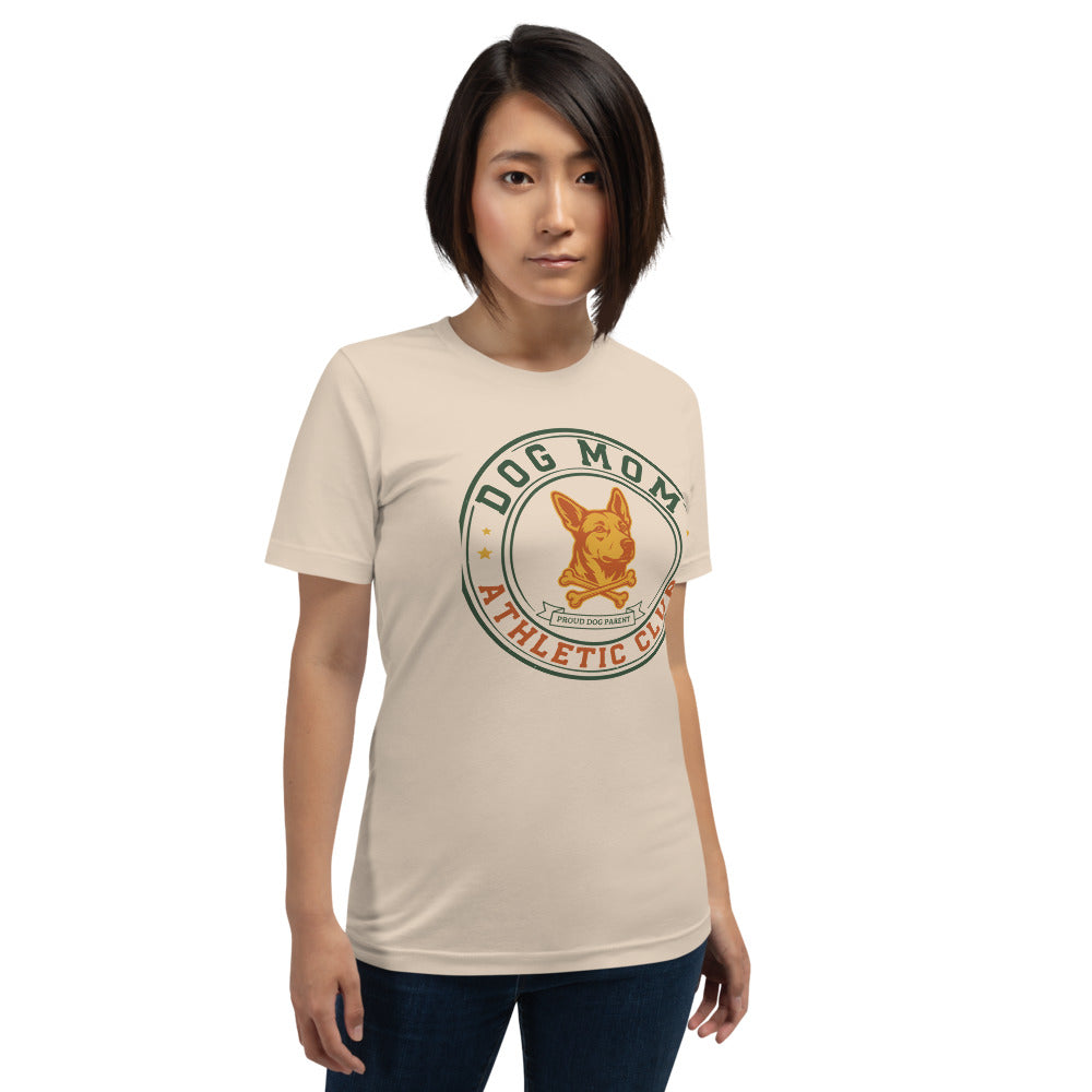 Dog Mom Athletic Club vintage varsity crest tee — Soft Cream, on model