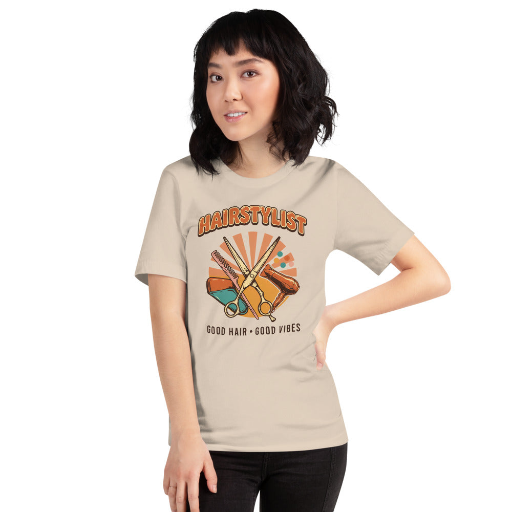Retro Salon Hairstylist good hair good vibes tee — Soft Cream, on model