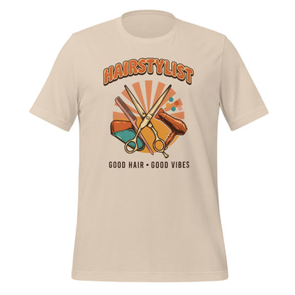 Retro Salon Hairstylist good hair good vibes tee — Soft Cream, front