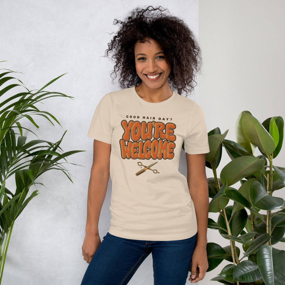 Funny hairstylist Good Hair Day You're Welcome tee — Soft Cream, on model