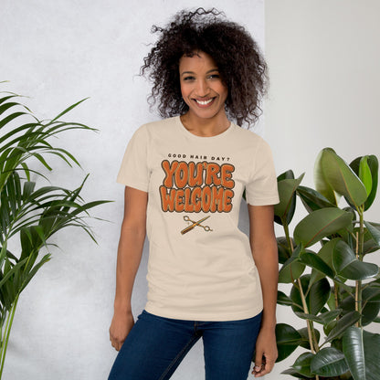 Funny hairstylist Good Hair Day You're Welcome tee — Soft Cream, on model