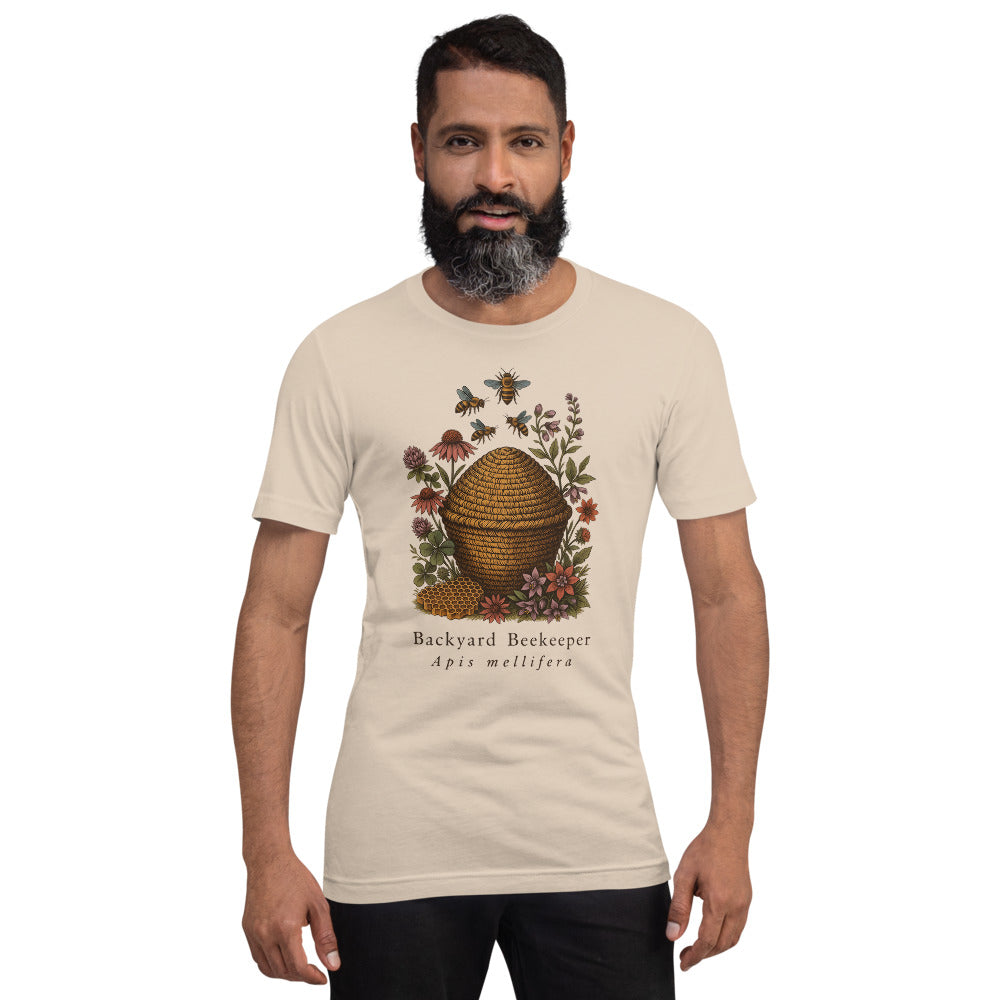 Backyard Beekeeper field-guide bee tee — Soft Cream, on model
