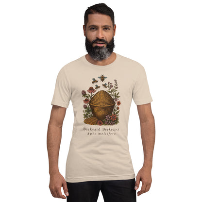 Backyard Beekeeper field-guide bee tee — Soft Cream, on model
